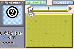 The Pokémon PC interface with the cursor hovering over a question mark. The black and white circled question mark has an unintelligible name, is male, and level 100.