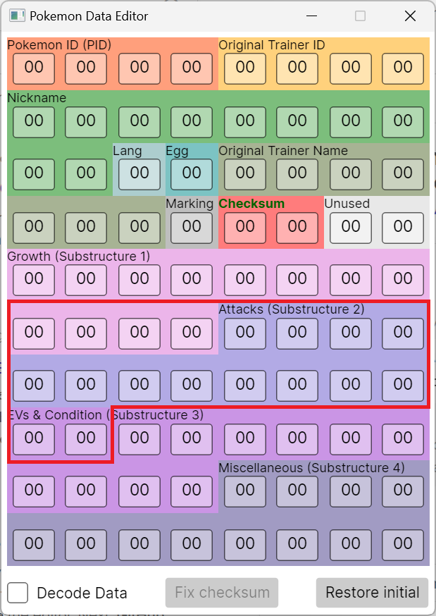 Illustration of the box Pokémon data structure, with the bytes between 0x28 and 0x39 circled, representing the “words” of mail slot 255 in Japanese FireRed and LeafGreen